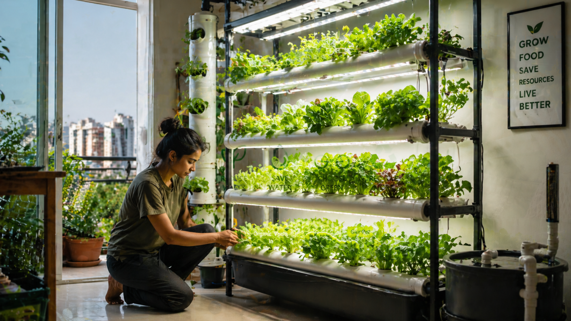 Indoor hydroponic farming system with vertical racks growing fresh vegetables under LED lights in a compact urban home.