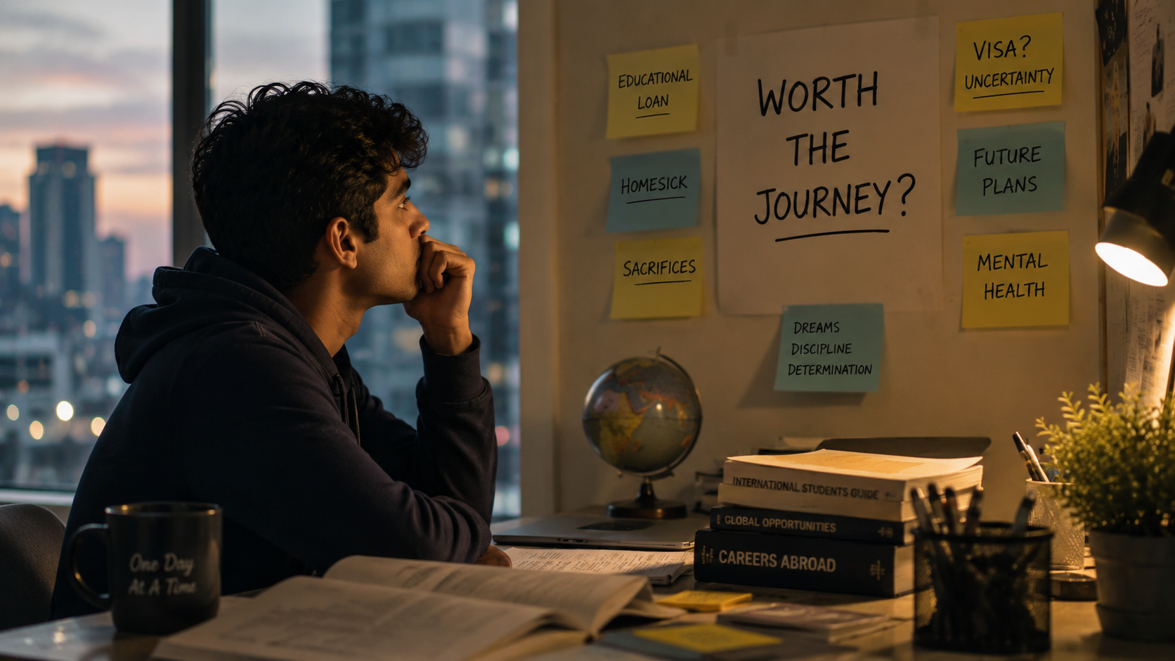 Student evaluating the hidden cost of studying abroad, including educational loans, homesickness, career uncertainty, visa challenges, and mental health concerns before pursuing an international degree.
