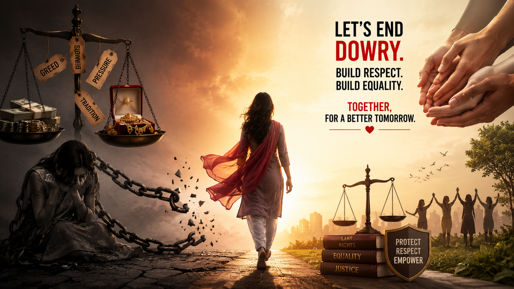 Editorial-style illustration showing an Indian woman in a red saree standing between two contrasting worlds. On the left, hands present cash, jewellery, a house, a car, and gifts representing dowry demands. On the right, broken chains, a balance scale, flowers, and women standing together symbolize justice, equality, freedom, and empowerment. The image highlights the conflict between societal pressure and women's rights.