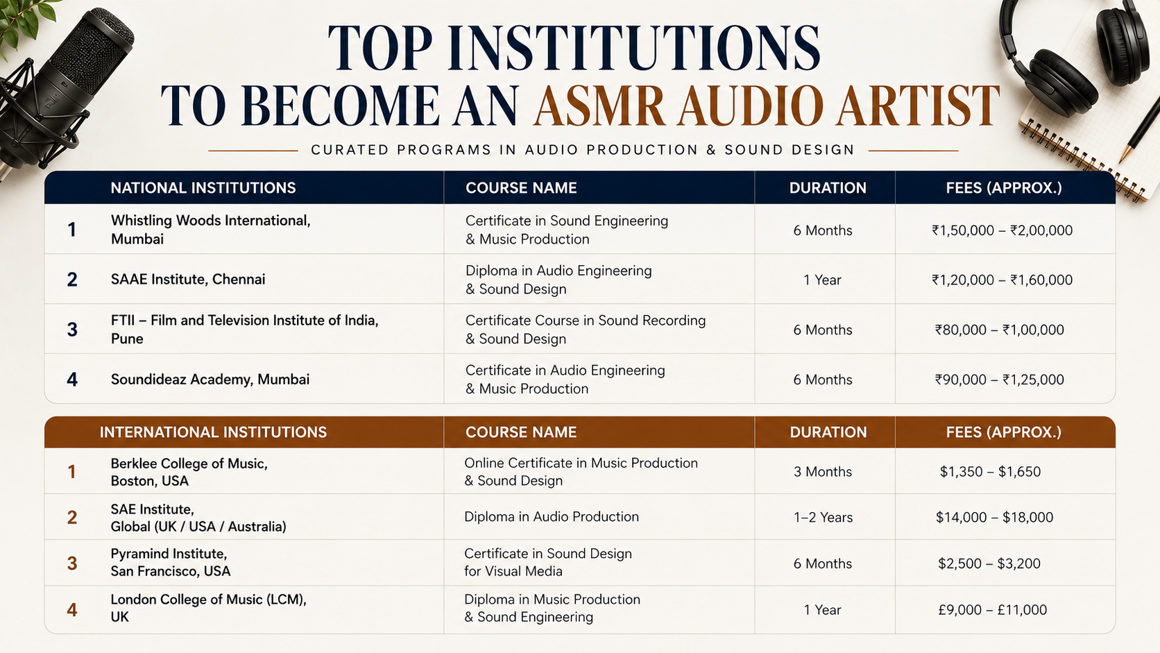Top institutions to become an ASMR audio artist, featuring national and international audio production, sound engineering and sound design courses with duration and approximate fees.