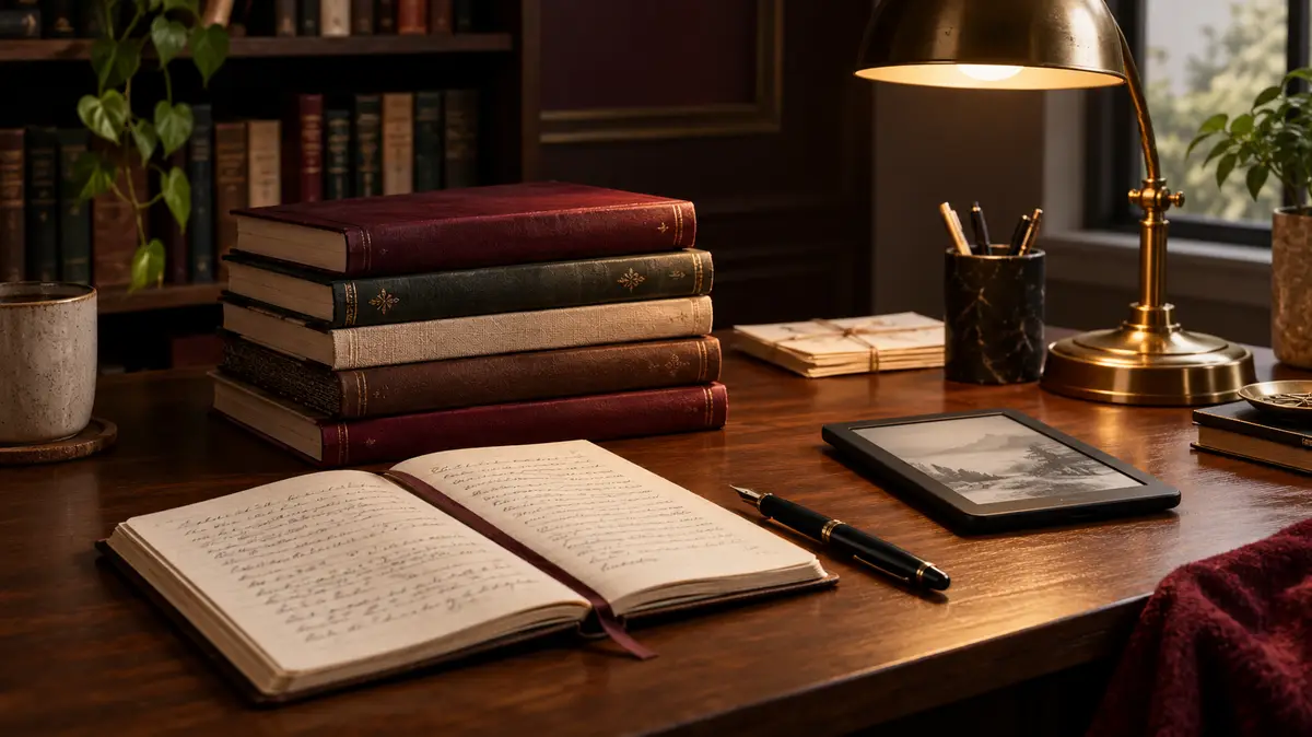 Books, an open manuscript notebook, fountain pen and e-reader on a warmly lit wooden desk, illustrating how to become a best-selling author in 2026.