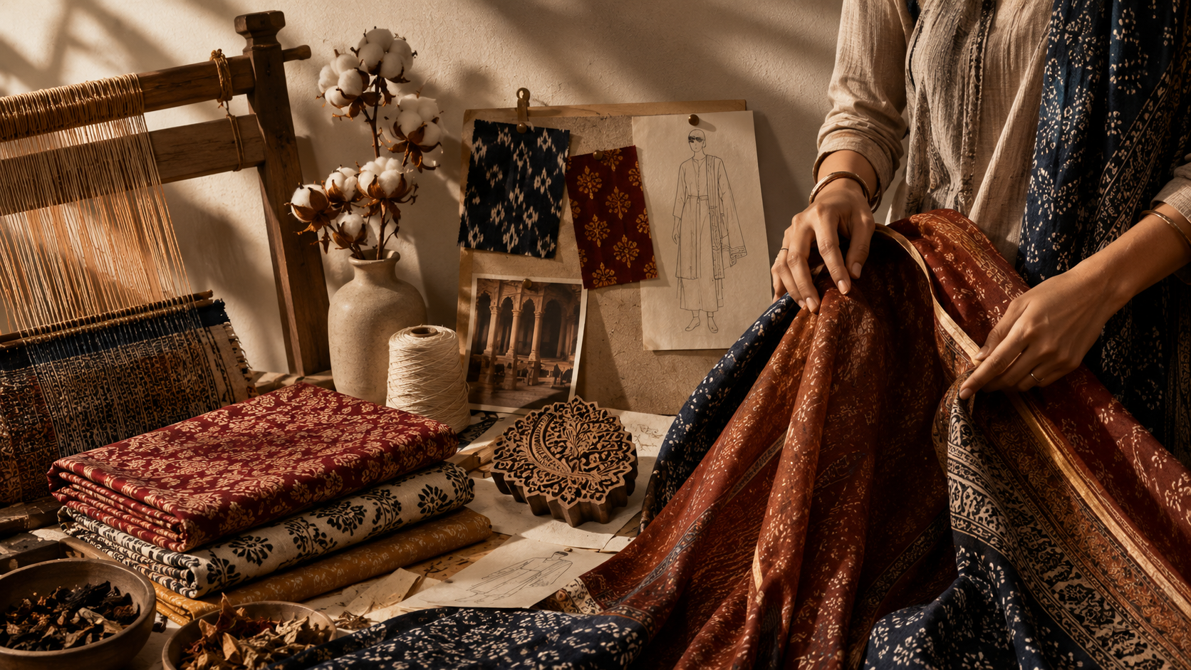 Indian handloom textile design workspace featuring traditional fabrics, block-printing tools, weaving materials and contemporary fashion inspiration