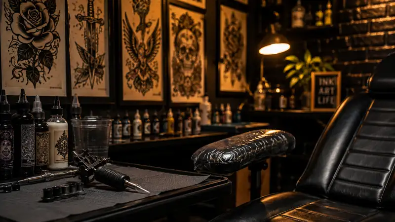 Professional tattoo studio interior with tattoo machine, ink bottles, tattoo artwork and workstation, representing modern tattoo art, tattooing in India, and the evolving tattoo industry.