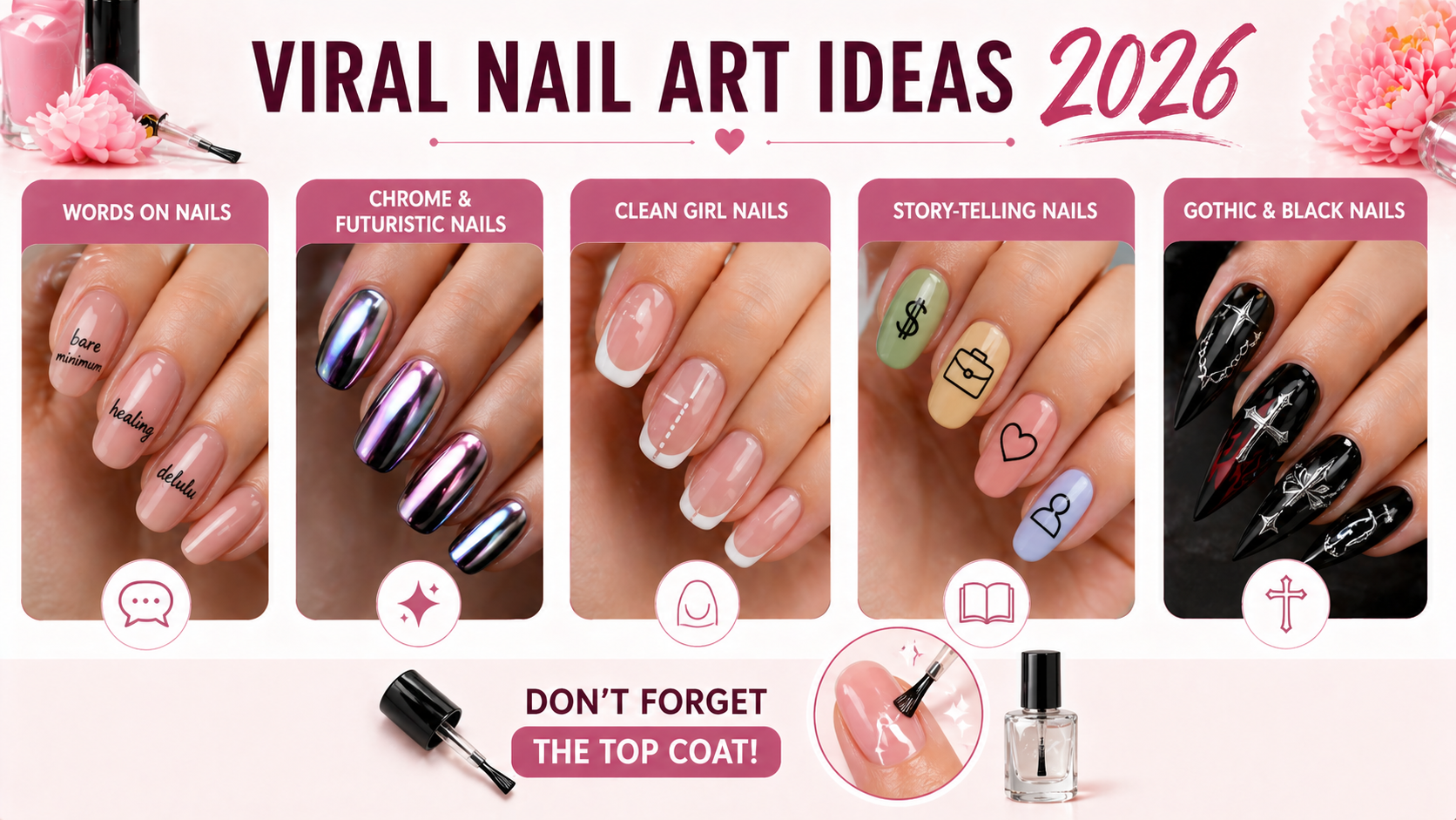 Infographic highlighting viral nail art trends in 2026, including words on nails, chrome and futuristic nails, clean girl nails, storytelling nail designs, and gothic black nails, with close-up examples and a reminder to apply a top coat.