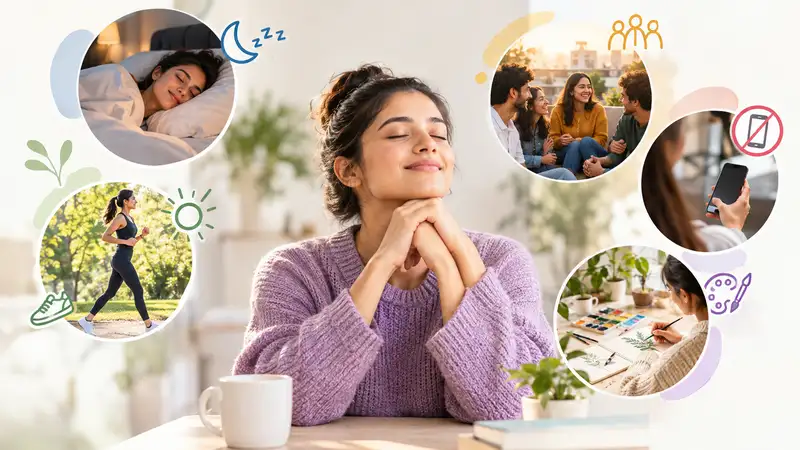 Young woman practising healthy mental wellbeing habits including quality sleep, physical activity, social connection, screen-time balance and relaxing hobbies