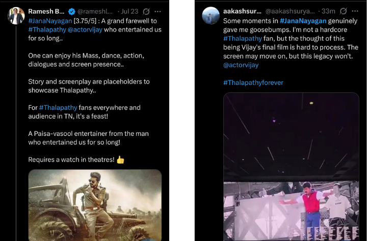Reviews of Thalapathy Vijays's Jananayagan posted by fans and critics on social media platforms like twitter