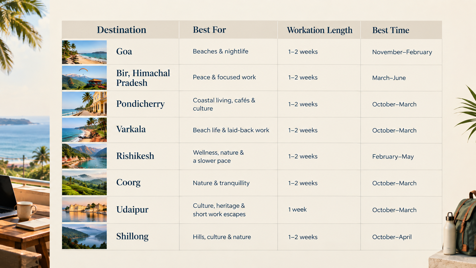 Comparison of the best workation destinations in India with ideal workation length and best time to visit