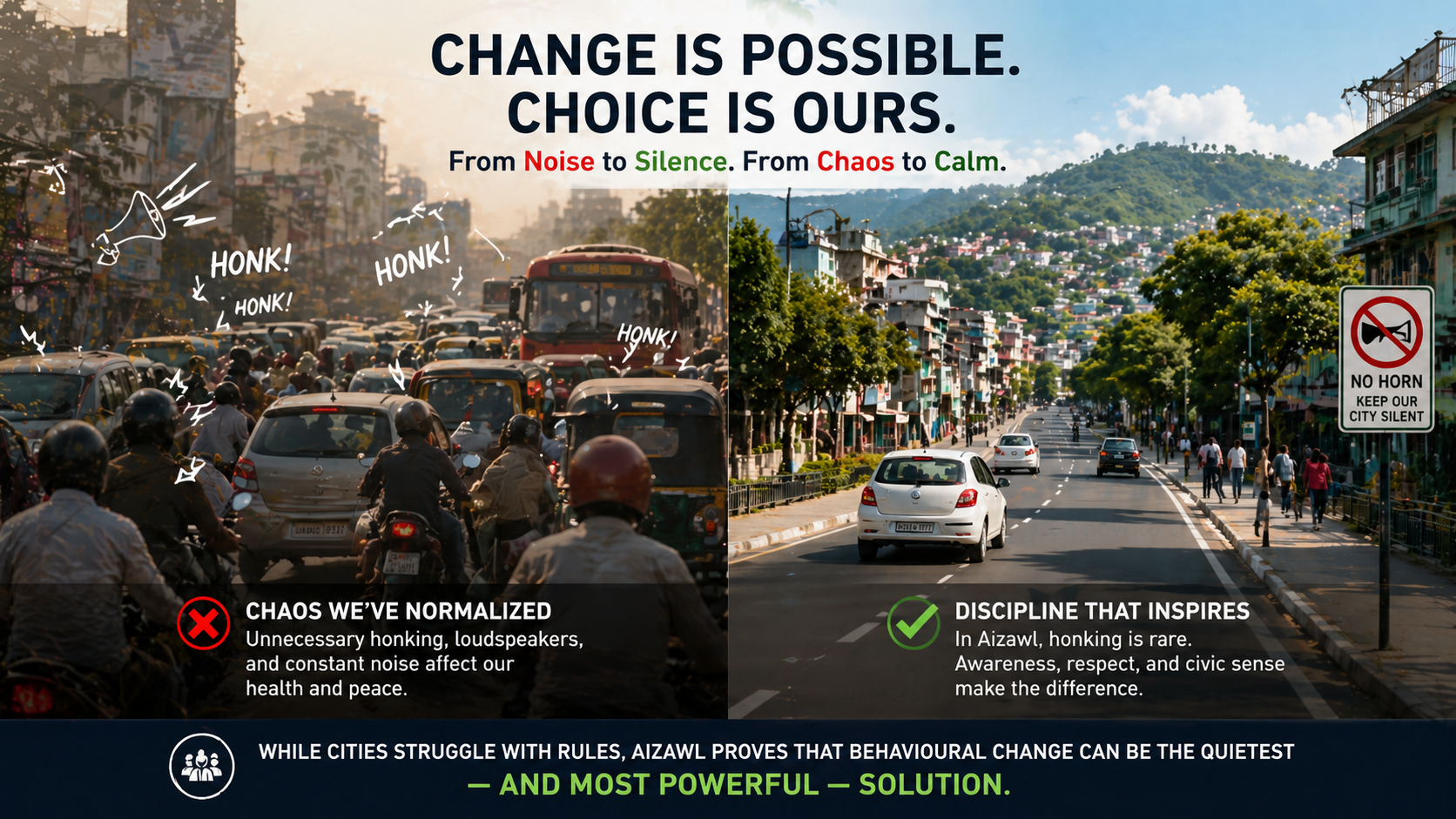 Noisy traffic vs quiet city street with no-honking sign, showing impact of noise awareness.