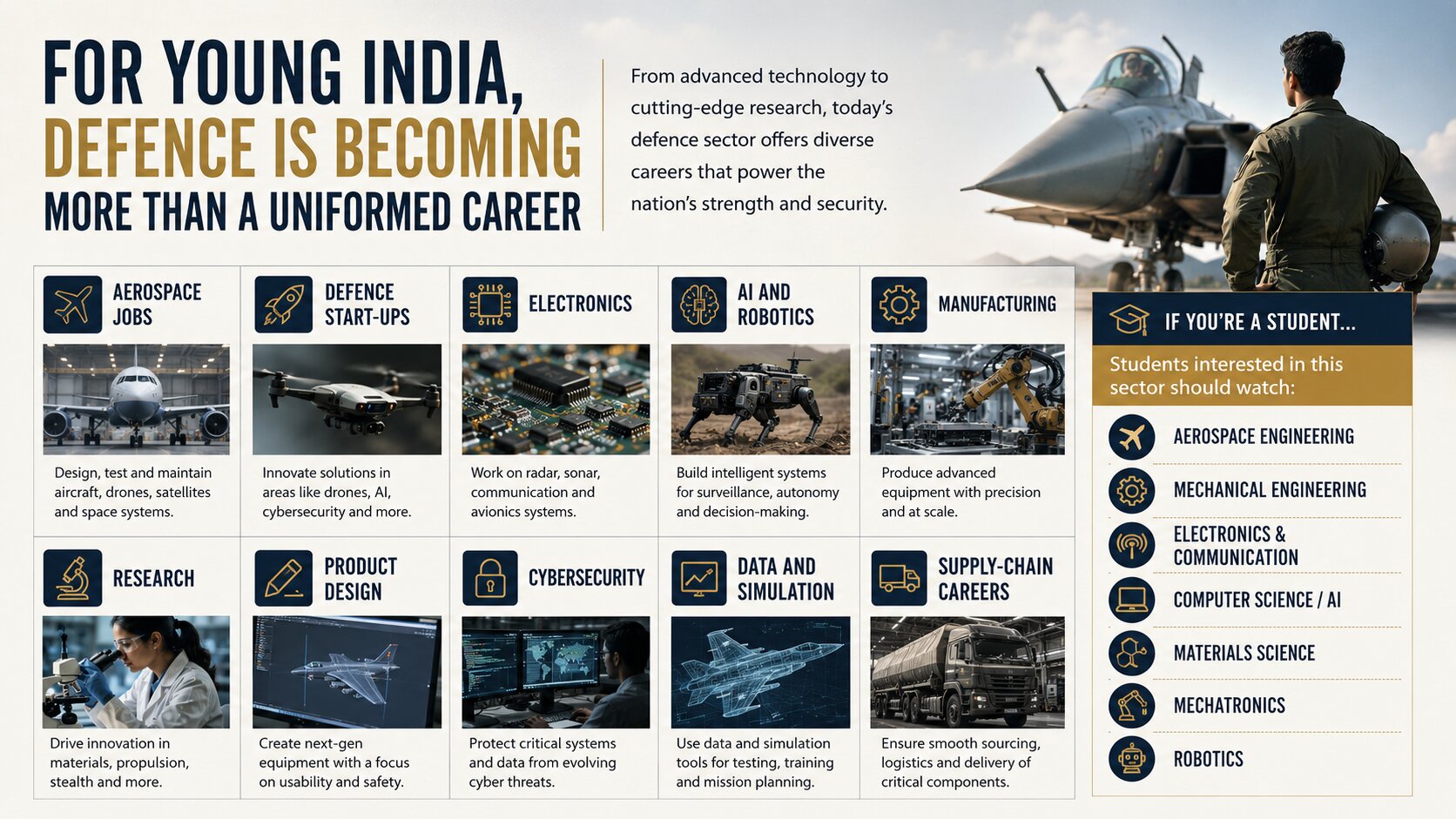 Defence career opportunities for young Indians across aerospace, defence start-ups, electronics, AI, robotics, manufacturing, research, product design, cybersecurity, data simulation and supply chains