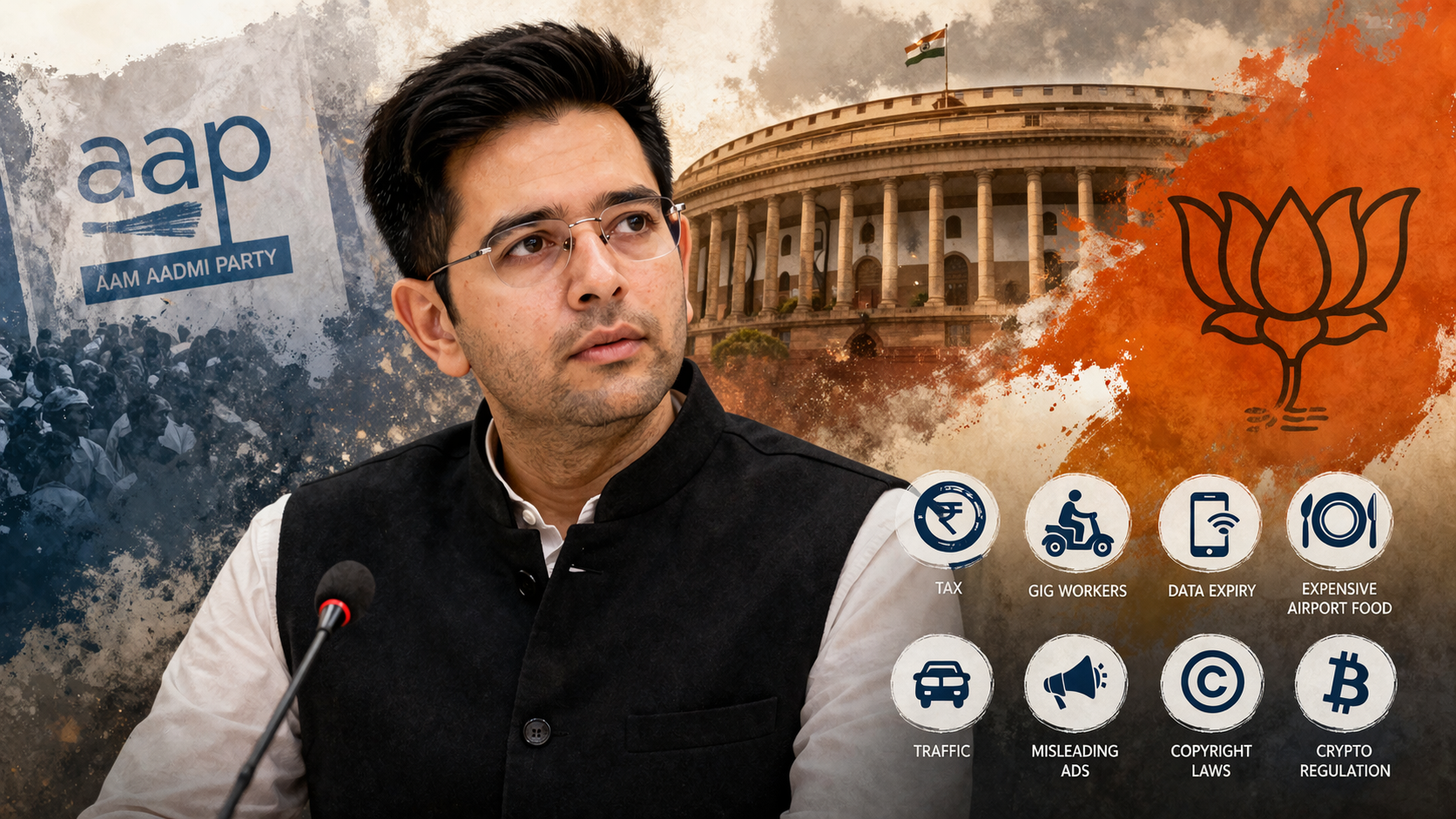Raghav Chadha at Indian Parliament with AAP vs BJP backdrop, highlighting key policy issues like tax, gig workers, data regulation, and crypto laws in Indian politics.