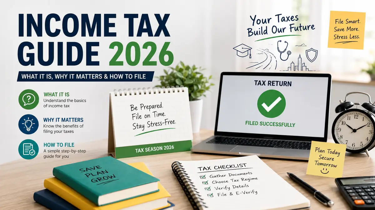 Income Tax Guide 2026 featuring tax documents, laptop, calculator, PAN and Aadhaar concepts, and step-by-step income tax return filing process for Indian taxpayers.