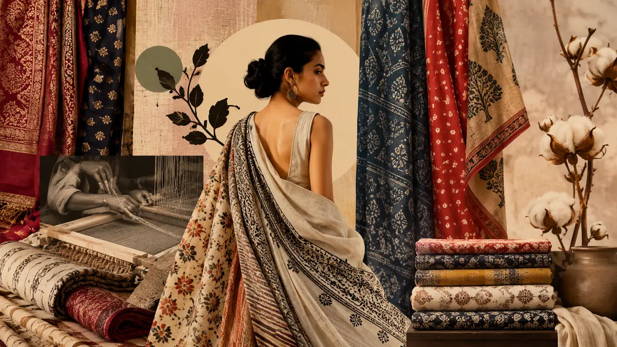 Indian traditional textiles and handloom fabrics showcased in contemporary fashion, highlighting Indian craftsmanship, heritage weaves and sustainable fashion