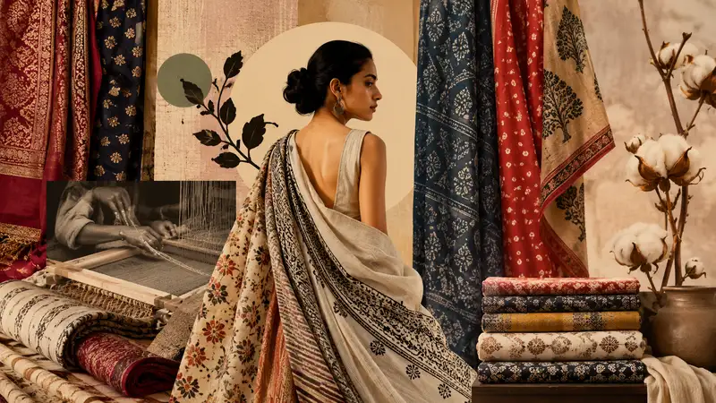 Indian traditional textiles and handloom fabrics showcased in contemporary fashion, highlighting Indian craftsmanship, heritage weaves and sustainable fashion