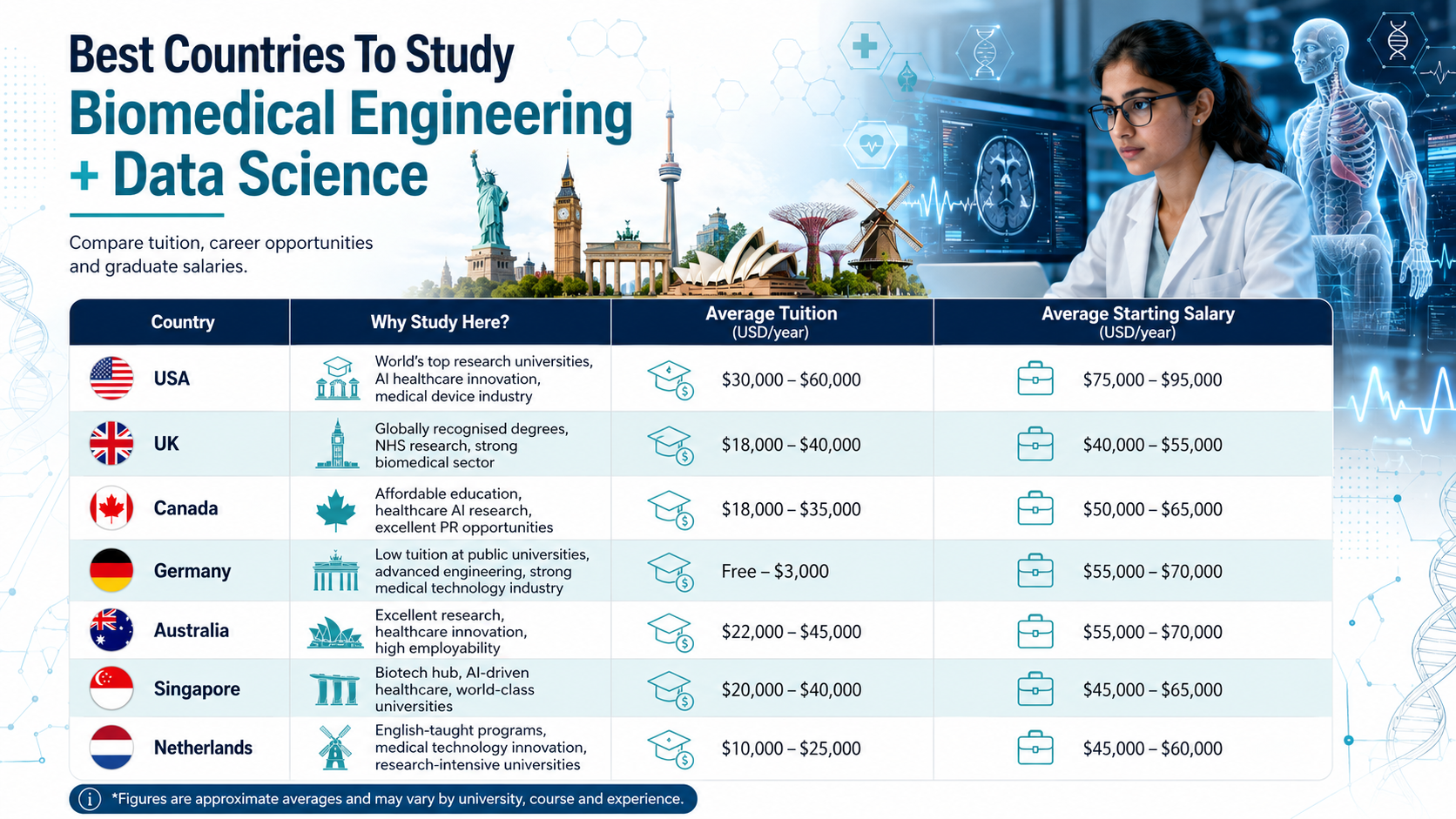 Editorial comparison infographic of the best countries to study Biomedical Engineering and Data Science featuring the USA, UK, Canada, Germany, Australia, Singapore and the Netherlands with average tuition fees, graduate salaries and reasons to study in each destination for international students pursuing AI in healthcare and biomedical technology.