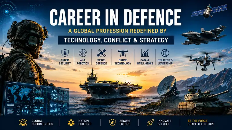 Futuristic defence technology concept showing military personnel, drones, fighter jets, satellites and cyber warfare systems representing modern defence careers in AI, cybersecurity and aerospace engineering.