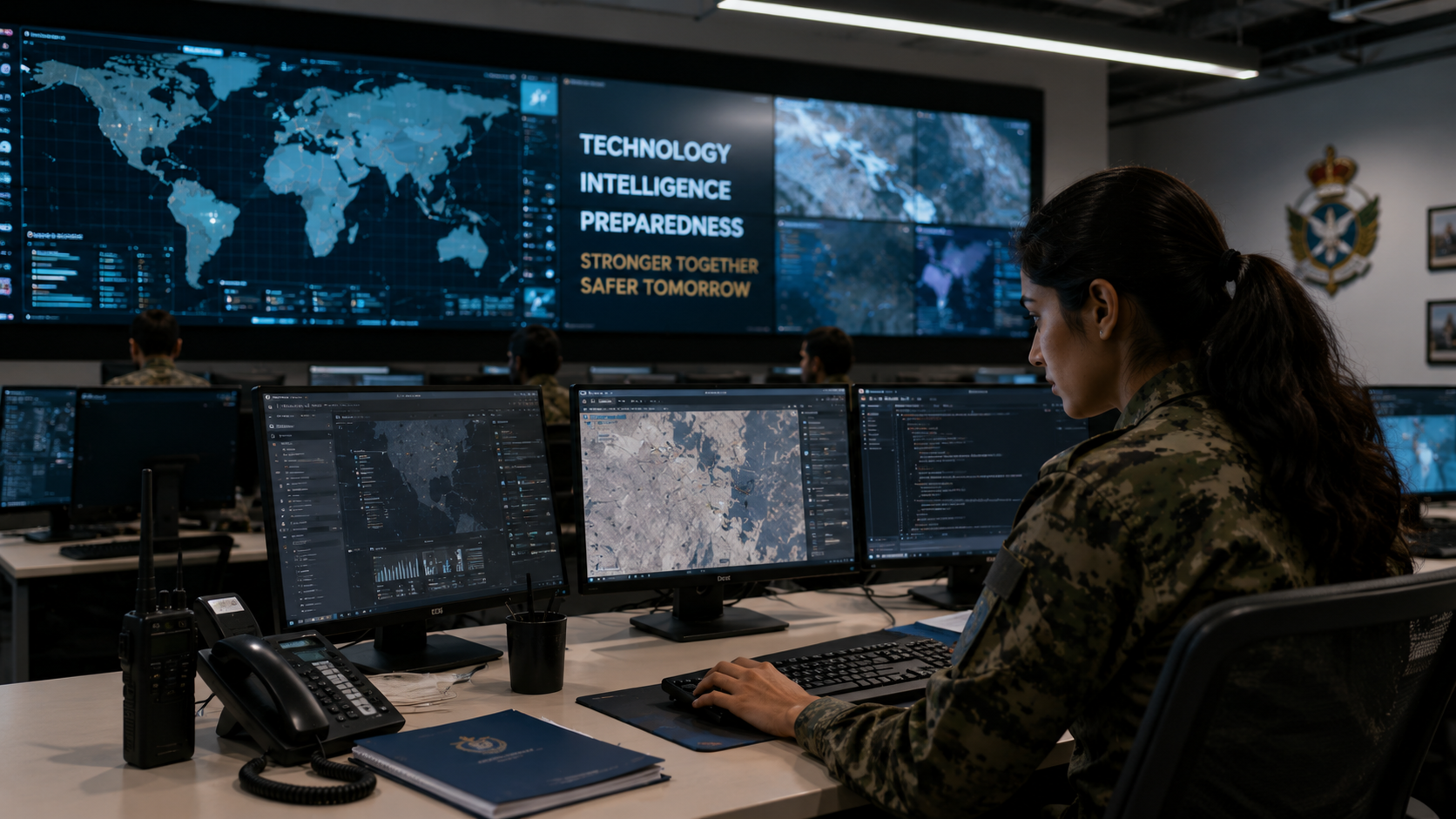 Woman working in a high-tech military intelligence and cybersecurity control room with digital surveillance screens representing modern defence technology careers and national security operations.