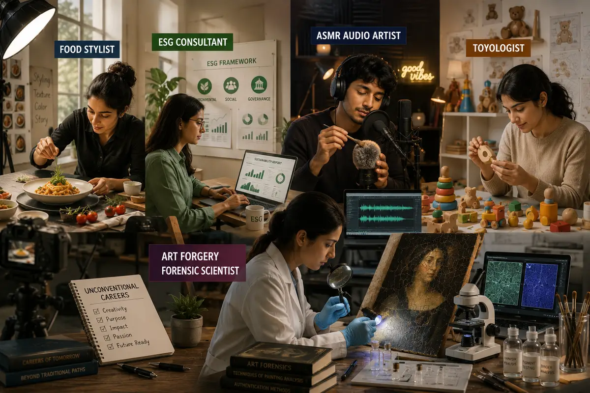 Five unconventional career paths featuring a food stylist, ESG consultant, ASMR audio artist, toyologist and art forgery forensic scientist working in their respective professional environments.