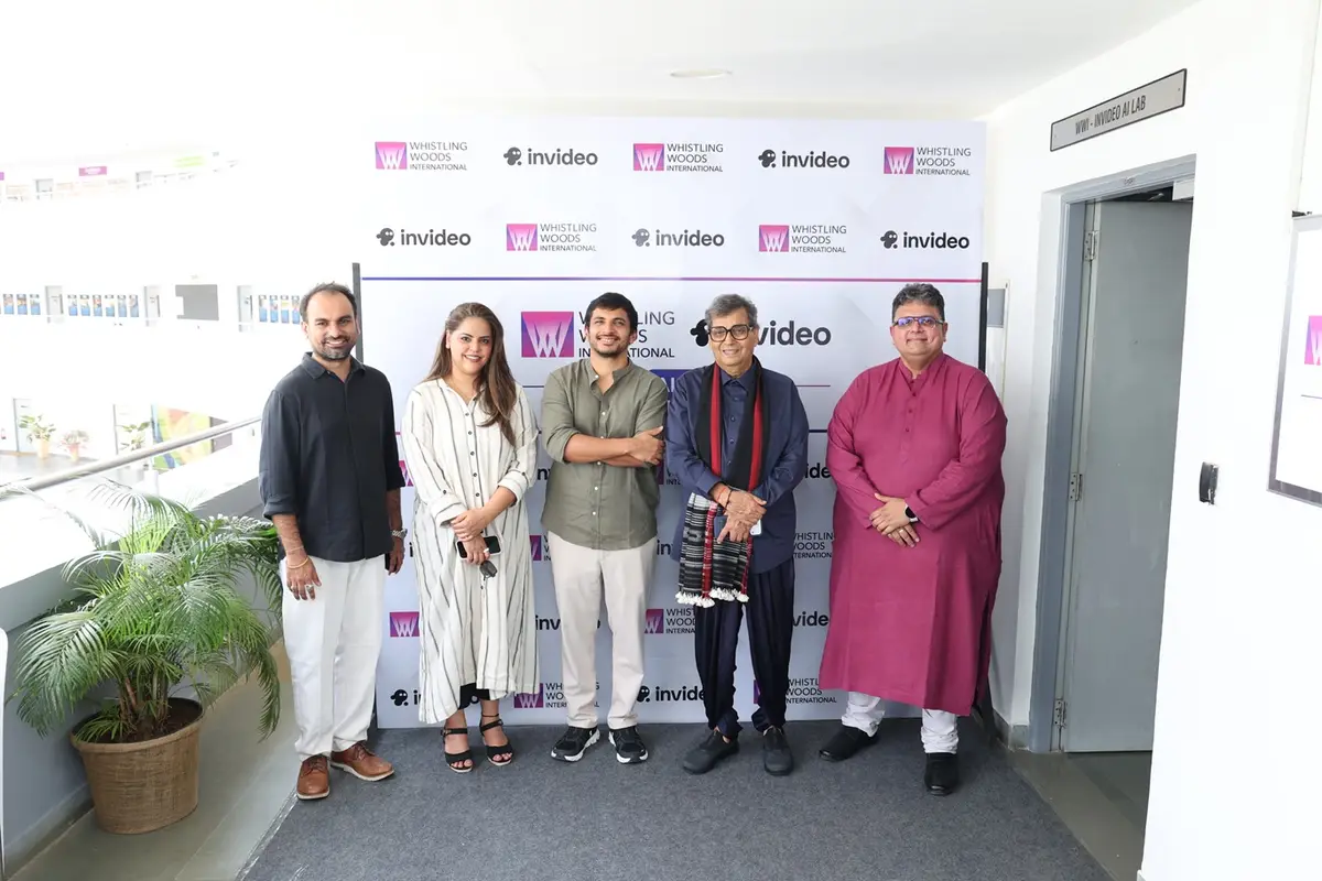 InVideo AI Lab launch at Whistling Woods International with Subhash Ghai, Meghna Ghai Puri, Sanket Shah, and Chaitanya Chinchlikar.