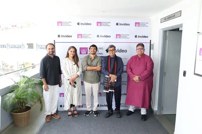 InVideo AI Lab launch at Whistling Woods International with Subhash Ghai, Meghna Ghai Puri, Sanket Shah, and Chaitanya Chinchlikar.