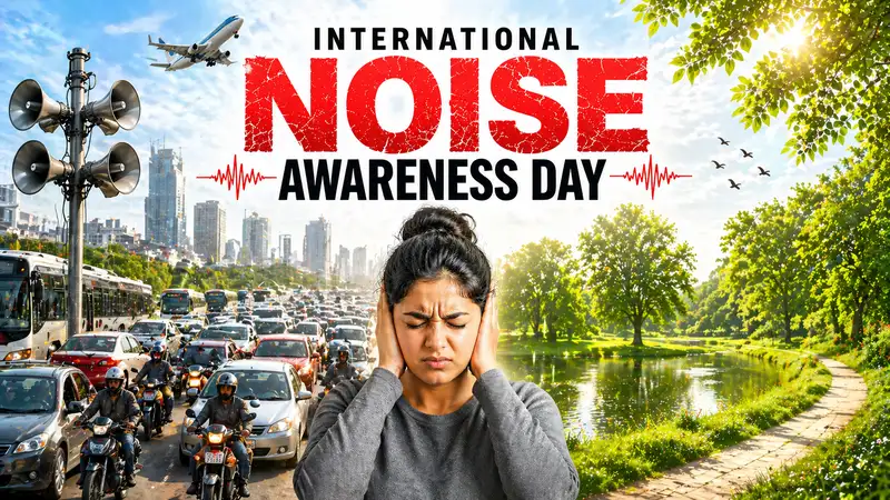 International Noise Awareness Day poster showing a woman covering her ears between a noisy traffic-filled city with honking vehicles and a peaceful green park, highlighting the contrast between noise pollution and quiet environments.