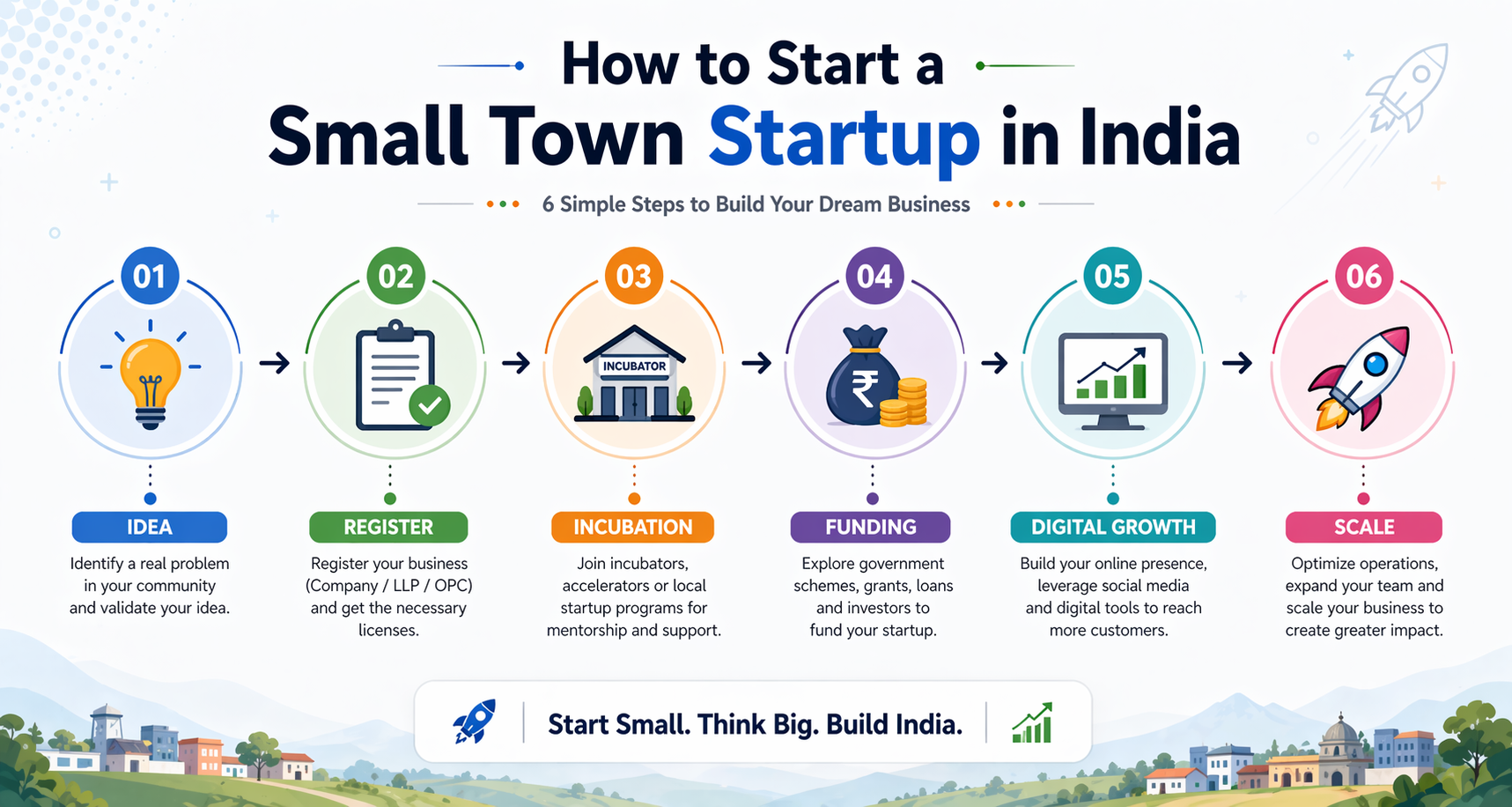 Step by step guide on how to start a small town startup in India showing idea, registration, incubation, funding, digital growth and scaling process