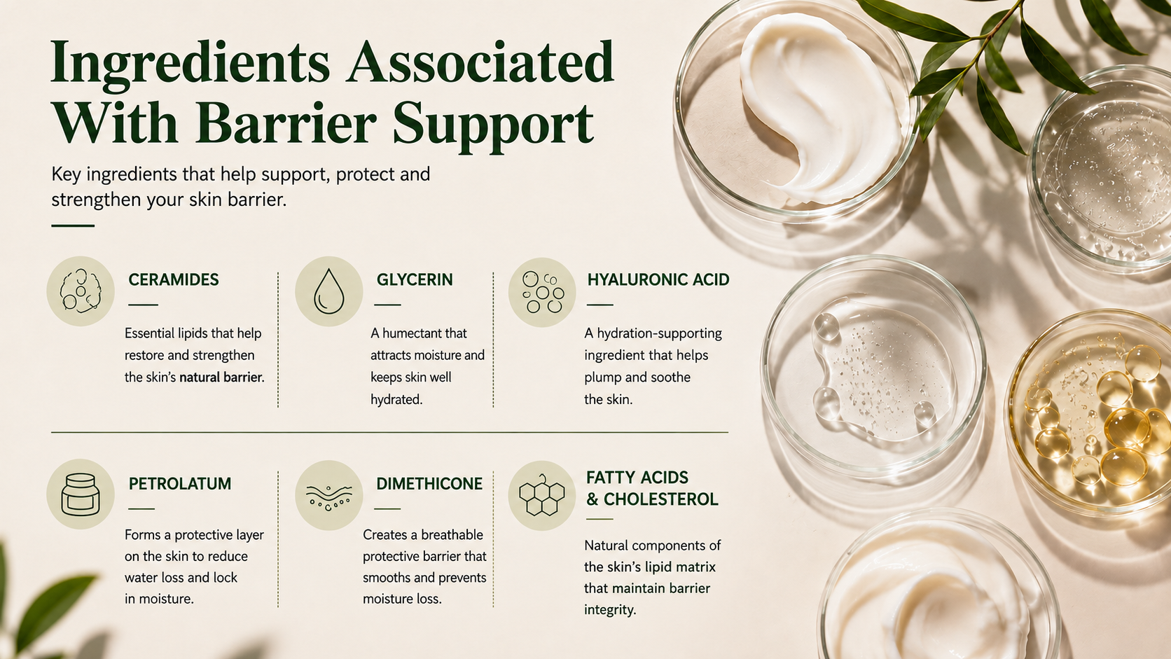 Infographic titled “Ingredients Associated With Barrier Support,” featuring six skincare ingredients—ceramides, glycerin, hyaluronic acid, petrolatum, dimethicone, and fatty acids & cholesterol—with brief descriptions of how they support, protect, hydrate, and strengthen the skin barrier.