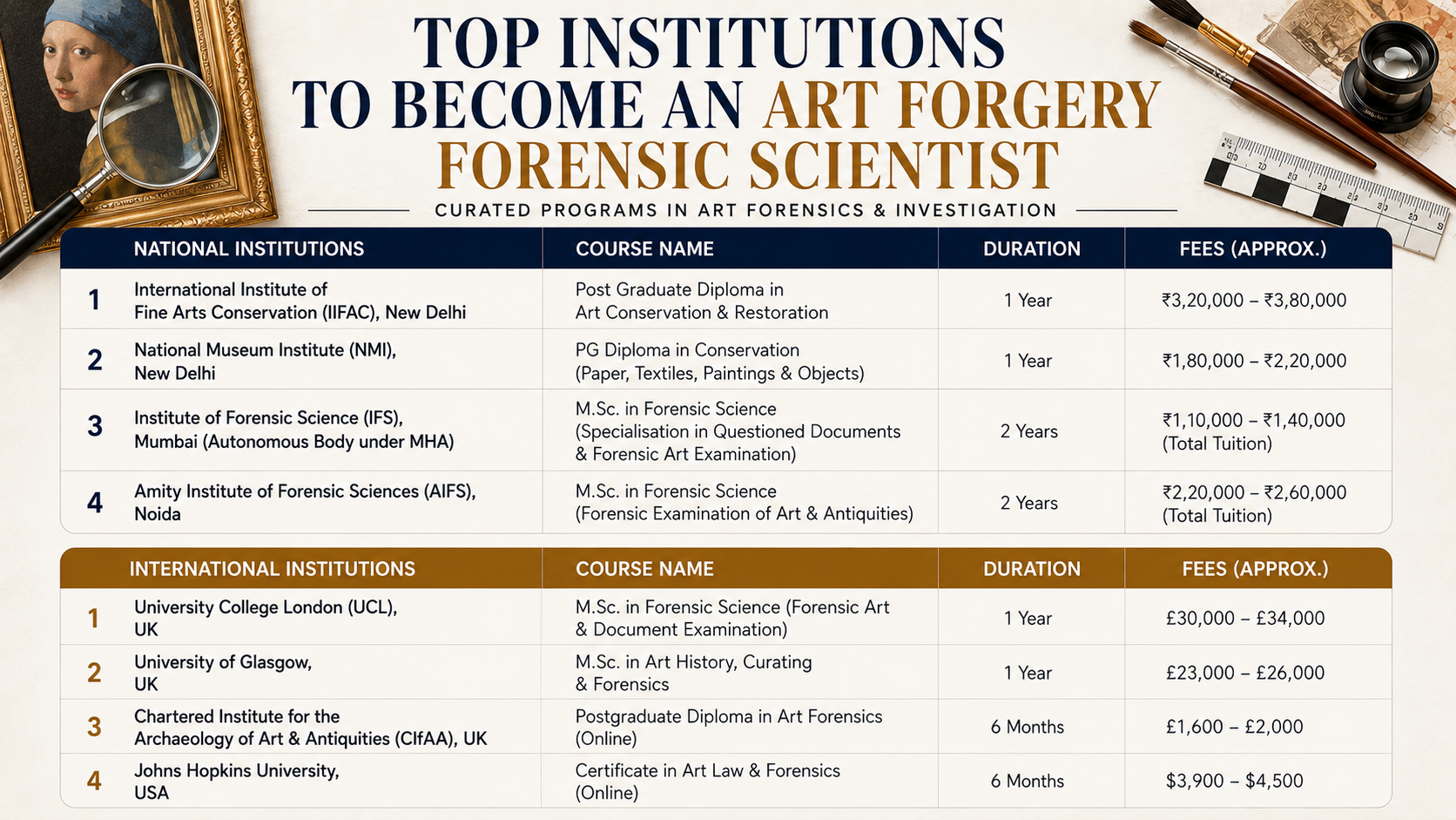 Top institutions to become an art forgery forensic scientist, featuring national and international programs in forensic science, art forensics, conservation and authentication with course duration and approximate fees.