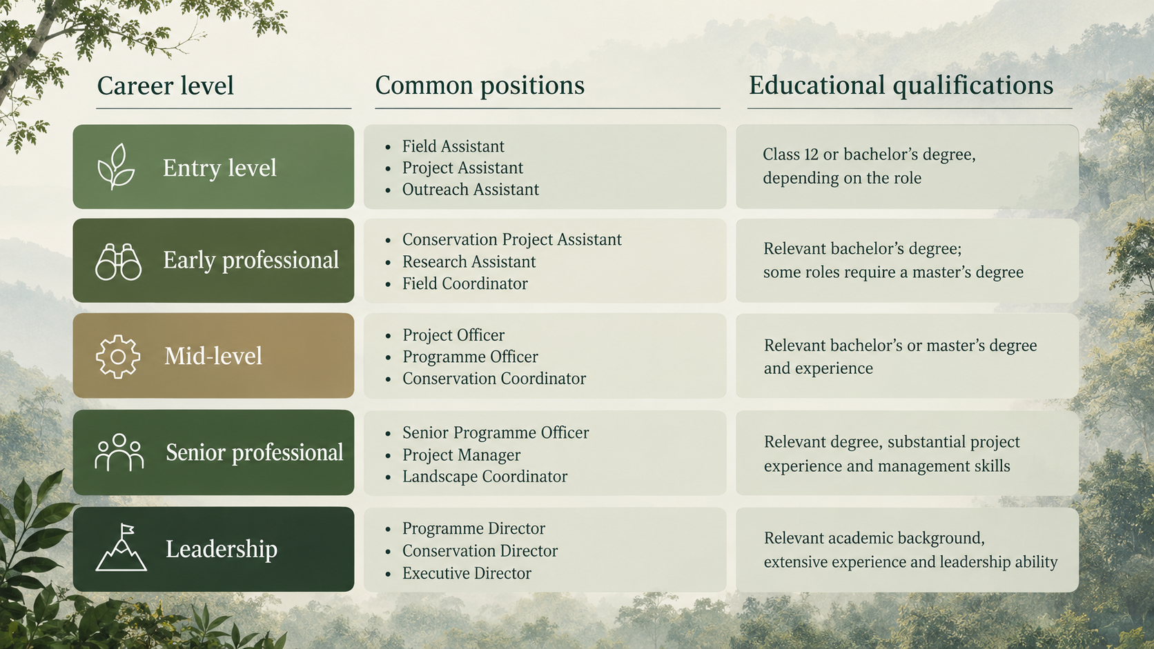 Forest conservation careers in NGOs in India, showcasing opportunities in wildlife protection, habitat restoration, biodiversity research, community conservation, environmental education and conservation project management.