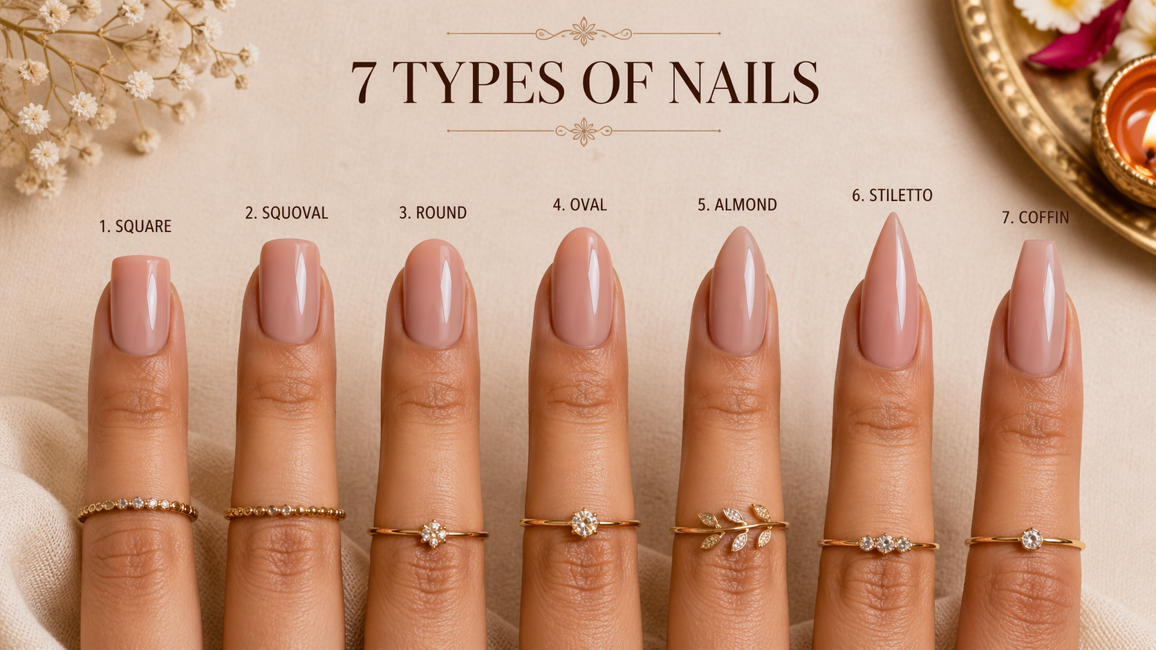 Infographic showing seven types of nail shapes on manicured fingers—square, squoval, round, oval, almond, stiletto, and coffin—displayed side by side on a neutral background with minimal aesthetic styling.