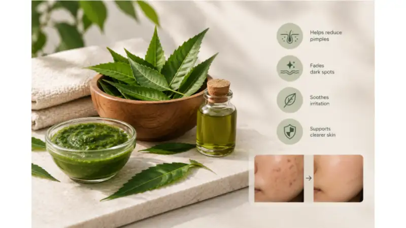 an image of neem leaves, paste and oil with benefits of using it for the skin and the before and after difference of using neem products on skin.