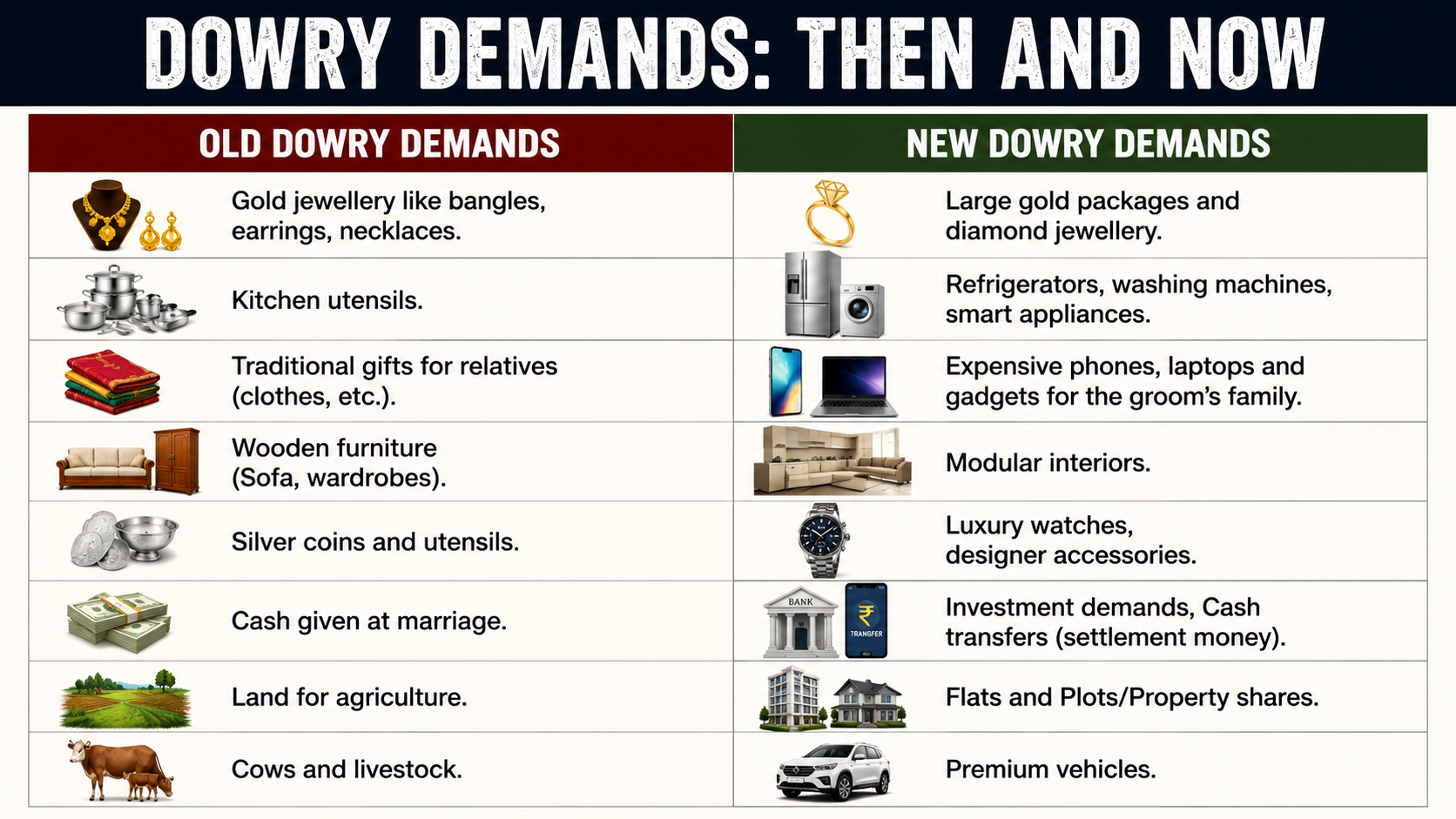 Comparison infographic titled “Dowry Demands: Then and Now” presented in a two-column table format. The left column lists traditional dowry demands such as gold jewellery, kitchen utensils, furniture, silver items, cash, agricultural land, and livestock. The right column shows modern dowry demands including diamond jewellery, smart appliances, expensive gadgets, modular interiors, luxury watches, cash transfers, property shares, and premium vehicles, accompanied by illustrative icons.