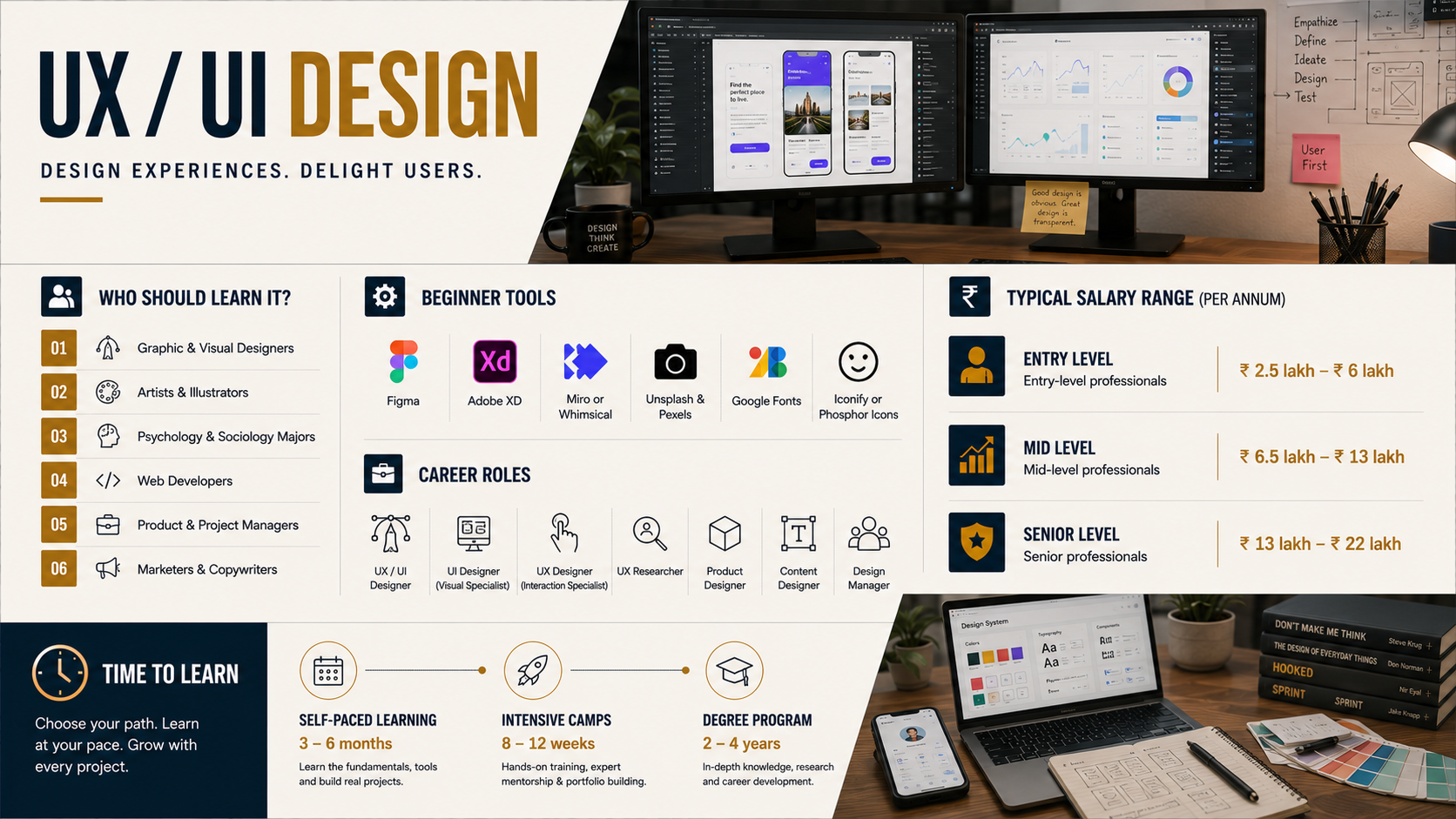 UX/UI Design career infographic highlighting Figma, Adobe XD, design thinking, product design careers, salary ranges, learning roadmap and modern user interface design workspace.