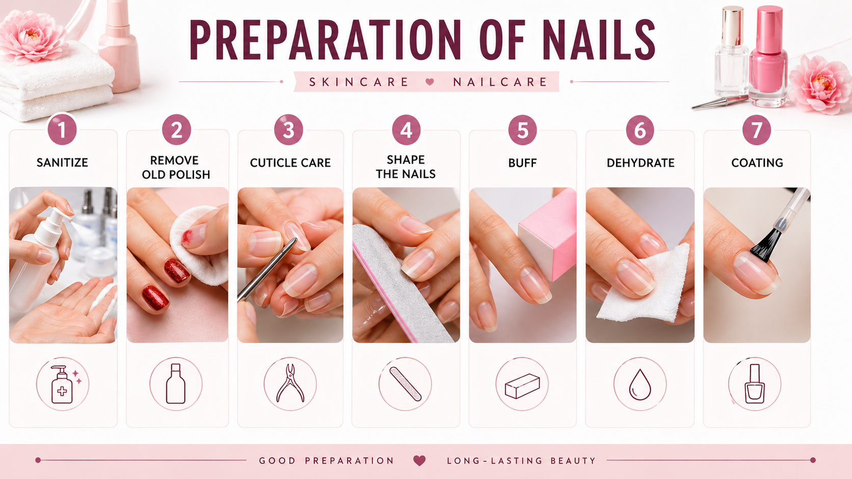 Nail prep steps including sanitising, cuticle care, shaping, buffing, dehydrating, and base coat application.