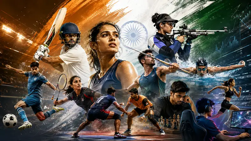 Indian sports beyond cricket featuring athletes from football, badminton, kabaddi, hockey, swimming, javelin, shooting, chess, athletics and esports, representing the growth of diverse sports and emerging sporting careers in India.