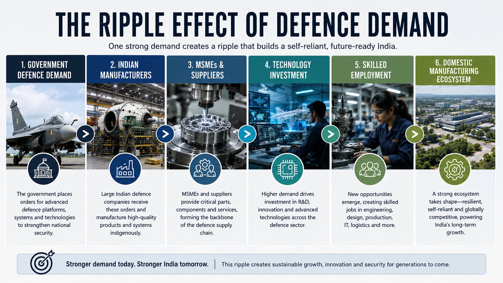 Defence demand ripple effect in India showing government orders supporting Indian manufacturers, MSMEs and suppliers, technology investment, skilled employment and the domestic manufacturing ecosystem