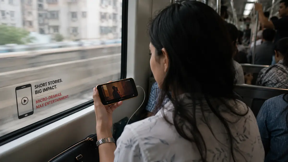 Person watching a vertical micro-drama on a smartphone during a daily train commute, illustrating the rise of short-form episodic entertainment and mobile-first storytelling in India.