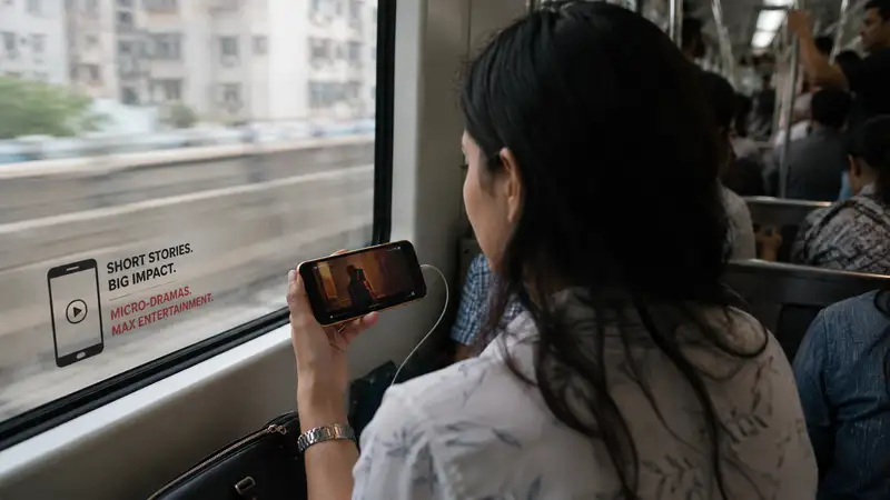 Person watching a vertical micro-drama on a smartphone during a daily train commute, illustrating the rise of short-form episodic entertainment and mobile-first storytelling in India.