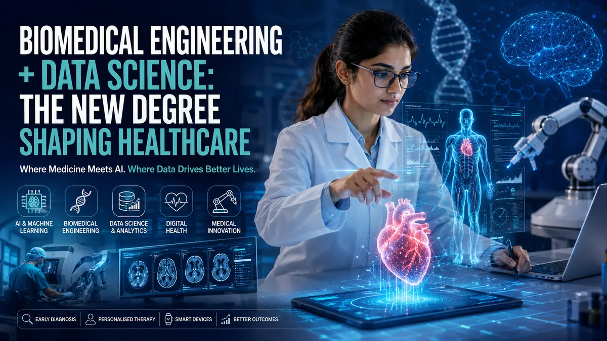 Futuristic Biomedical Engineering and Data Science feature image showing an AI-powered healthcare laboratory with a biomedical engineer analysing digital human anatomy, medical imaging, robotic surgery, holographic heart model, DNA strand and healthcare analytics dashboard. The editorial banner represents artificial intelligence in healthcare, biomedical engineering, precision medicine, wearable technology, medical robotics and data science careers.