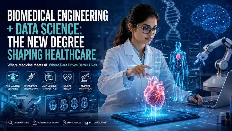 Futuristic Biomedical Engineering and Data Science feature image showing an AI-powered healthcare laboratory with a biomedical engineer analysing digital human anatomy, medical imaging, robotic surgery, holographic heart model, DNA strand and healthcare analytics dashboard. The editorial banner represents artificial intelligence in healthcare, biomedical engineering, precision medicine, wearable technology, medical robotics and data science careers.