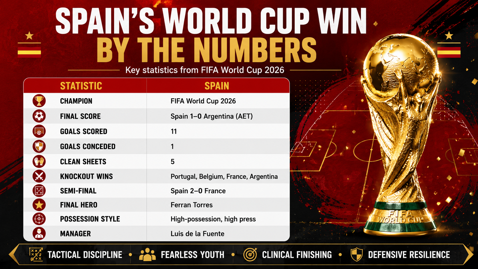 Magazine-style infographic table highlighting Spain's FIFA World Cup 2026 victory statistics, including final score against Argentina, goals scored and conceded, clean sheets, knockout wins, Ferran Torres' winning goal, Luis de la Fuente's management, and Spain's high-possession tactical style.