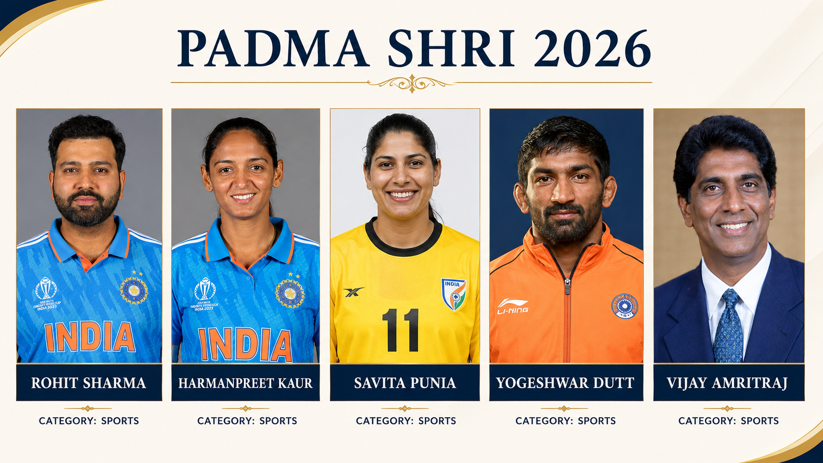Padma Shri 2026 sports honourees including Rohit Sharma, Harmanpreet Kaur, Savita Punia, Yogeshwar Dutt and Vijay Amritraj recognised for excellence in Indian sports