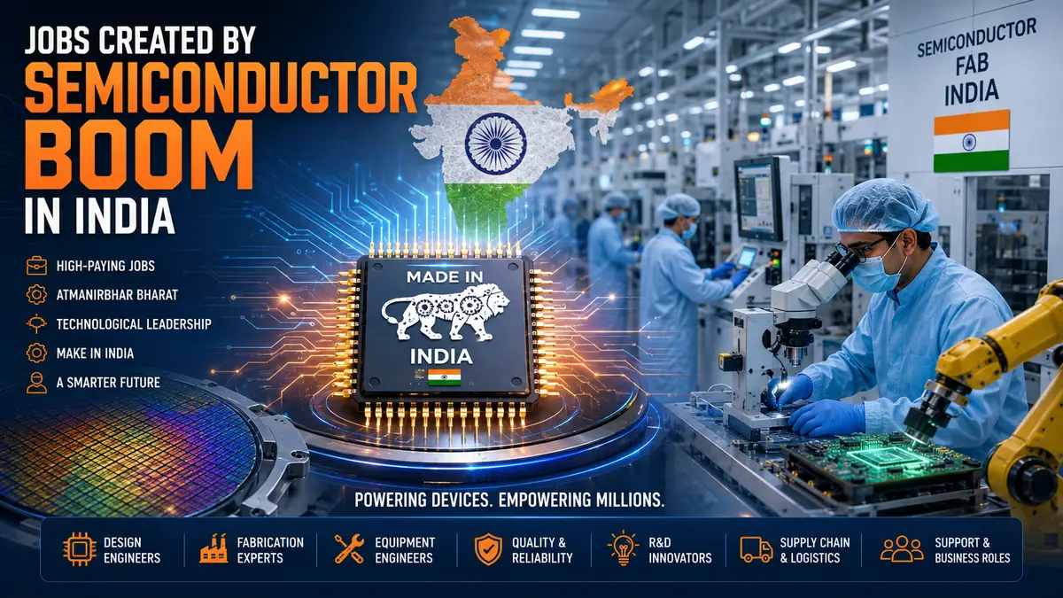 Jobs Created by India's Semiconductor Boom feature image showing a semiconductor fabrication plant with engineers in a cleanroom, a silicon microchip, wafer manufacturing, robotics, chip production, and India's growing semiconductor industry creating high-paying engineering and technology jobs under the Make in India initiative.