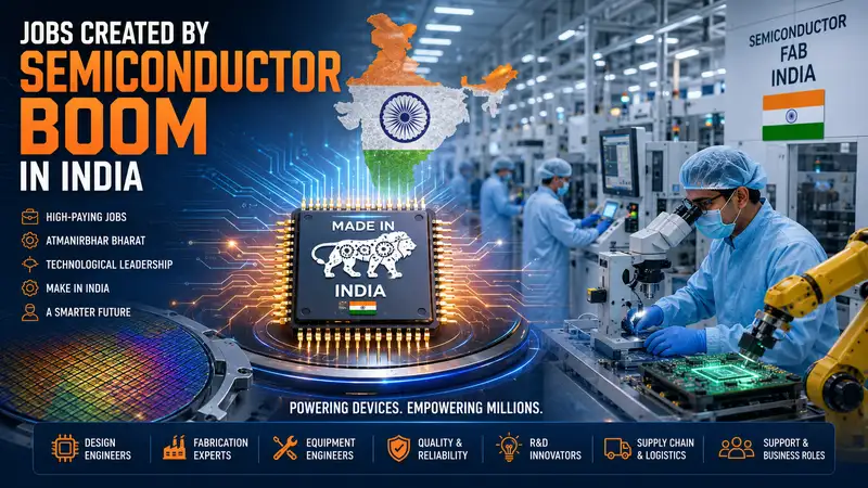 Jobs Created by India's Semiconductor Boom feature image showing a semiconductor fabrication plant with engineers in a cleanroom, a silicon microchip, wafer manufacturing, robotics, chip production, and India's growing semiconductor industry creating high-paying engineering and technology jobs under the Make in India initiative.